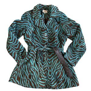 Rare Women’s 3 Sisters Brown Turquoise Zebra Print Belted Pea Coat Size Large